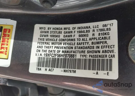 2017 Honda Civic Lx из США, поврежденный, VIN 19XFC2F56HE070881